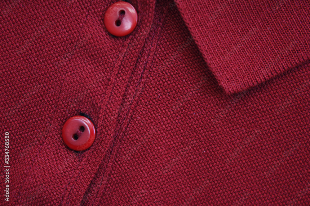 Wall mural Dark polo shirt close up top view. Button-up burgundy red color shade short sleeve t-shirt, classic casual collar neck clothes. Plain unprinted polo shirt detail - Wall murals