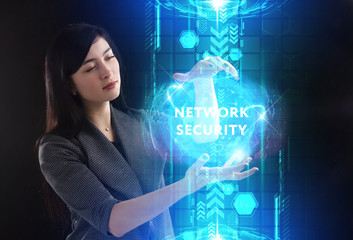 Business, Technology, Internet and network concept. Young businessman working on a virtual screen of the future and sees the inscription: Network security