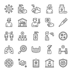 Coronavirus Covid-19 line icon set for infographic, website, mobile, print etc, 2019-nCoV vector illustration of  virus, washing hands, work from home, stay at home, social distancing, pandemic etc