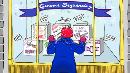 Person looking in store window at genome sequencing products and price tags