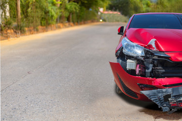 Front of light red color car have big damaged and broken by accident on road in morning time can...