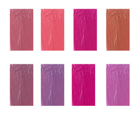 samples of liquid lipstick for lips, palette on a white background isolated