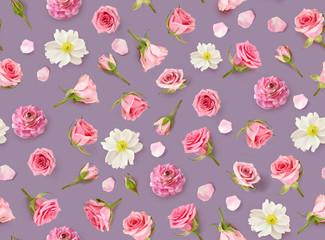 Floral seamless pattern made of beige flowers and rosebuds. Flat lay, top view. Valentines background. Lilac vintage background. Flowers pattern texture. Happy Mothers Day.