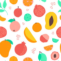 Food flat hand drawn seamless pattern. Fruits Healthy nutrition texture. Organic food scandinavian illustrations. Diet sketch color cliparts. Kitchen textile, background vector fill
