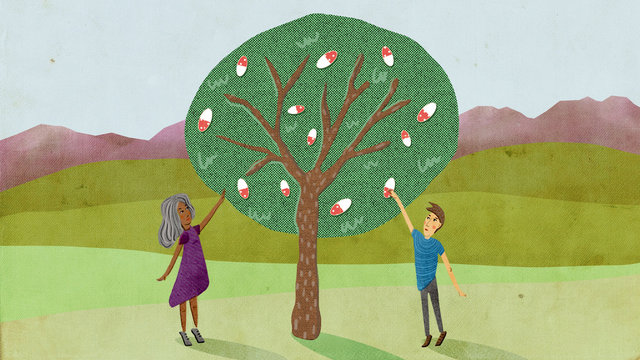 Two figures reaching up to grab pills from tree