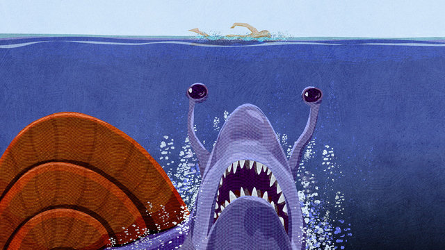 giant snail in classic underwater shark attack pose
