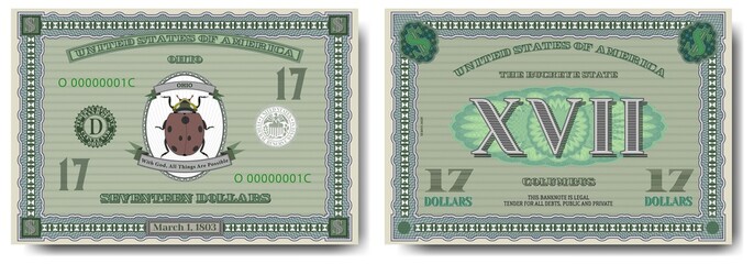 Protective guilloche mesh. A fictional US banknote of $ 17 is dedicated to the state of Ohio. Ladybug insect