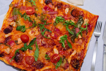 pizza with different ingredients tomato cheese meat etc