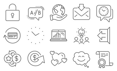 Set of Technology icons, such as Loyalty points, Sign out. Diploma, ideas, save planet. Dollar exchange, Smile chat, Graph laptop. Lock, Clock, Heart. Incoming mail, Time, Ab testing. Vector