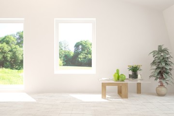 Stylish empty room in white color with summer landscape in window. Scandinavian interior design. 3D illustration