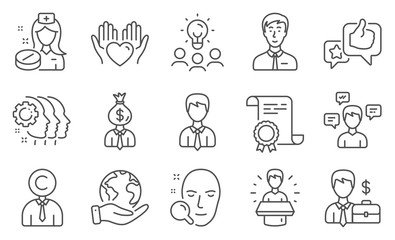 Set of People icons, such as Hold heart, Businessman. Diploma, ideas, save planet. Conversation messages, Employees teamwork, Face search. Nurse, Businessman case, Manager. Vector