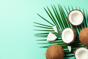 Coconut and palm branch on mint background. Tropical fruit