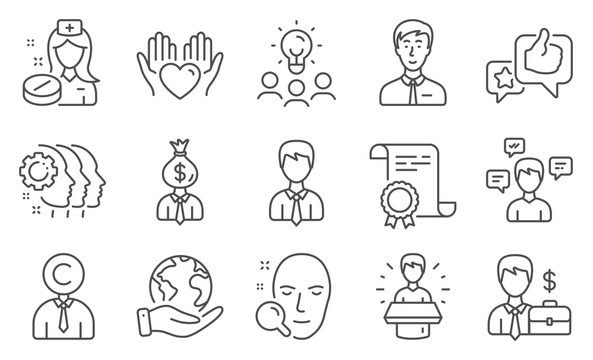 Set Of People Icons, Such As Hold Heart, Businessman. Diploma, Ideas, Save Planet. Conversation Messages, Employees Teamwork, Face Search. Nurse, Businessman Case, Manager. Vector