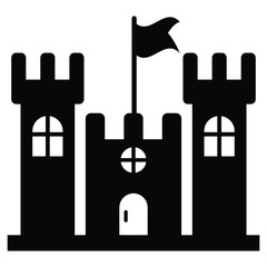 Castle Building with Flag Front View Concept, King Fort Palace with Gate Vector Icon design