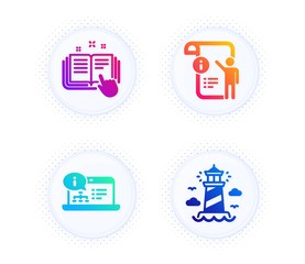 Manual doc, Online documentation and Technical documentation icons simple set. Button with halftone dots. Lighthouse sign. Project info, Web engineering, Manual. Beacon tower. Industrial set. Vector