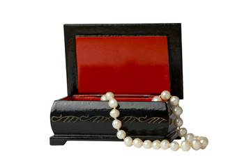  A pearl necklace lies in a casket