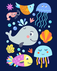 Naklejka premium Cute fishes and sea animals vector set. Kids illustrations: fishes, whale, seashells, jellyfish and underwater plants