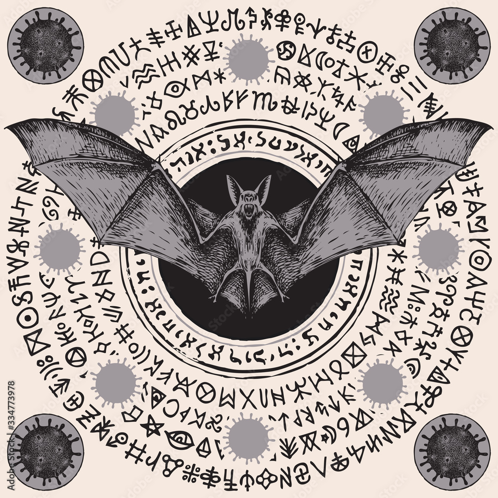 Wall mural vector hand-drawn banner with scare bat, coronavirus cells and runes. a magic mandala or amulet with