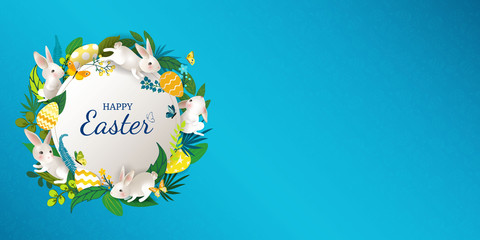 Happy Easter round banner with rabbits, eggs, leaves, flowers, butterflies. Cute easter card with white hares on bright blue background. For festive invitation, design elements. Vector illustration.