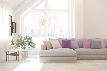 White living room with sofa and winter landscape in window. Scandinavian interior design. 3D illustration