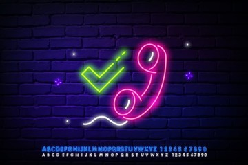 Neon backlight phone tube. Bright is a phone call. Modern vector logo, banner, shield, picture, tube. Night advertising on the background of a brick wall. Vector illustration. Sign.