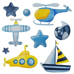 Watercolor set with cute kids cartoon ship,plane, copter, submarine, stars and seyshells.