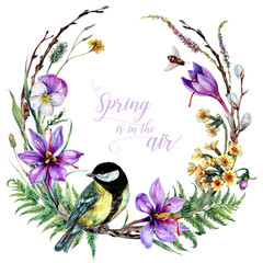 Watercolor Blooming Wreath with Titmouse