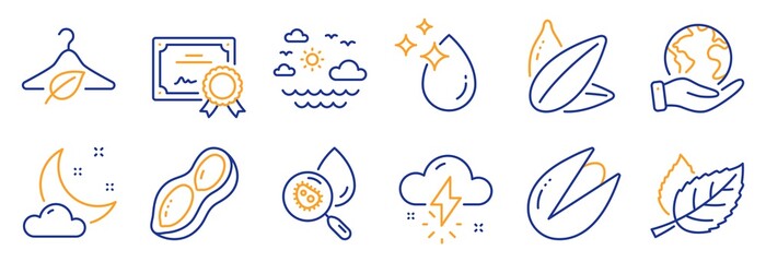 Set of Nature icons, such as Water drop, Water analysis. Certificate, save planet. Thunderstorm weather, Pistachio nut, Sunflower seed. Leaf, Night weather, Travel sea. Vector