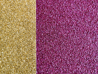 Glitter gold and pink background. Horizontal frame. Flat lay. Copy space.
