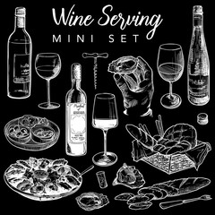 Wine bar or gastro pub useful elements set. Hand drawn sketch style objects isolated on black background. EPS10 vector illustration