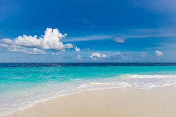 Sea beach blue sky with white sand sunny weather, relaxation landscape seascape with horizon. Exotic travel and vacation scenery, wonderful summer mood, beach vibes
