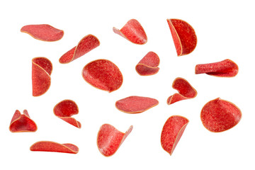 Falling salami isolated on white background.