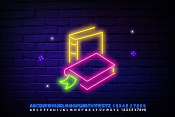 Books on shelf neon sign. Various colorful in row on shelf. Night bright advertisement. Vector illustration in neon style for literature and library
