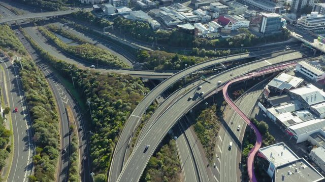 Aerial: Empty motorway during the Covid-19 lockdown, Auckland, New Zealand