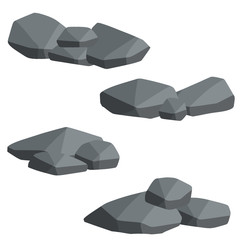 Set of gray granite stones of different shapes. Flat illustration. Minerals, boulder and cobble. Element of nature, mountains, rocks, caves