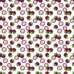 purple mangosteen seamless pattern illustration on white background. exotic tropical fruit from southeast Asia.