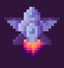 Retro spaceship, pixel art sign in 8 or 16 bit game in dark night sky. Vector starship in universe, pixel-art play and burning rocket ship on purple, pixelated cosmic object for mobile app games