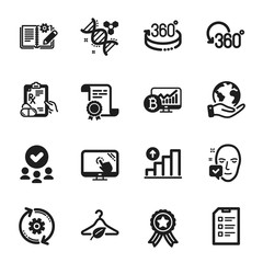 Set of Science icons, such as Touch screen, Chemistry dna. Certificate, approved group, save planet. Full rotation, Graph chart, Engineering documentation. Vector