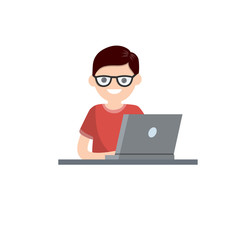 Man with laptop. Smiling happy nerd man in red t-shirt. Study and education. Cartoon flat illustration. Student at school. Work at computer.