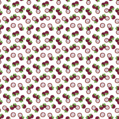 purple mangosteen seamless pattern illustration on white background. exotic tropical fruit from southeast Asia.