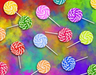 Contemporary art collage, multicolored candy caramel on a stick