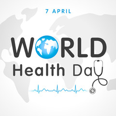World health day concept text design with doctor stethoscope and heartbeat. Globe in text and normal cardiogram for poster on World Health Day, 7 April. Vector Illustration