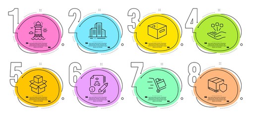 Delivery insurance, Buildings and Push cart signs. Timeline steps infographic. Office box, Algorithm and Lighthouse line icons set. Packing boxes, Consolidation symbols. Delivery box, Project. Vector