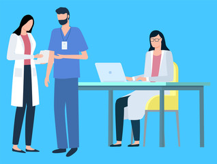 People at work vector, isolated doctors wearing uniform, laboratory with professionals dealing with sickness and diseases. Science study of experts