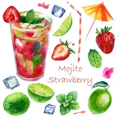 Watercolor glass with a strawberry mojito cocktail. Mint leaves, lime, lime slices, ice cubes for drinks, cocktails, strawberries, straws for cocktails, umbrella for cocktails.
