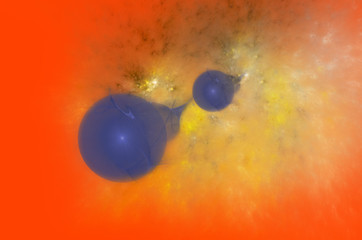 Abstract blue space bodies and an explosion on a red background, a fractal © GalinaB