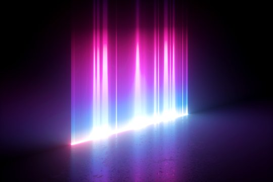 3d render, digital illustration, abstract neon background, vertical glowing lines, bright light, laser rays on the dark stage