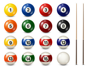 Billiard, pool balls with numbers collection. Realistic glossy snooker ball. White background. Vector illustration.