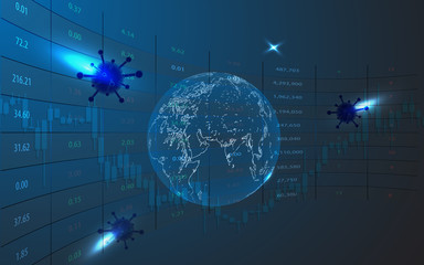 The impact of virus on the stock exchange and the global economy. Covid-19 virus hits market. Shares fall down. Markets plunging.