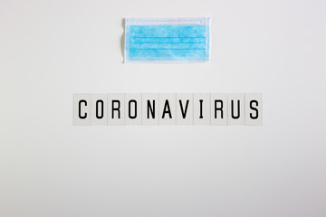 Coronavirus word in black on white background, with essential mask for protection of people.